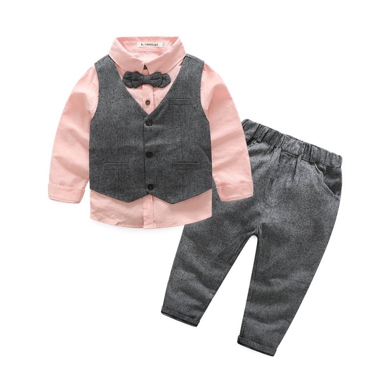 Kimocat Boys 3Pcs Clothing Sets Cotton Long Sleeve Bowtie Shirts +Vest +Pants Casual Suit (5T) - Image 1